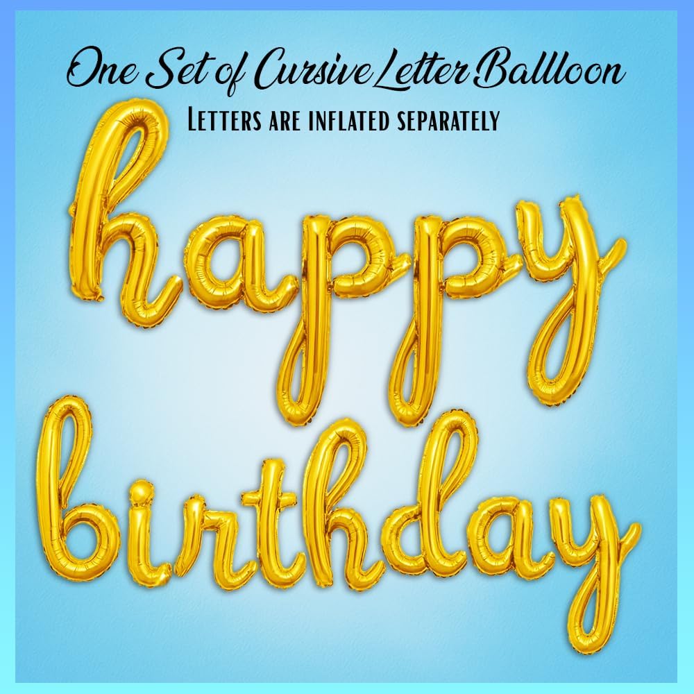 Gold Happy Birthday Balloons Banner | Script/Cursive Gold Letter Balloon Sign for Birthday Party Decor/Decoration | Foil Mylar Happy Birthday Banner