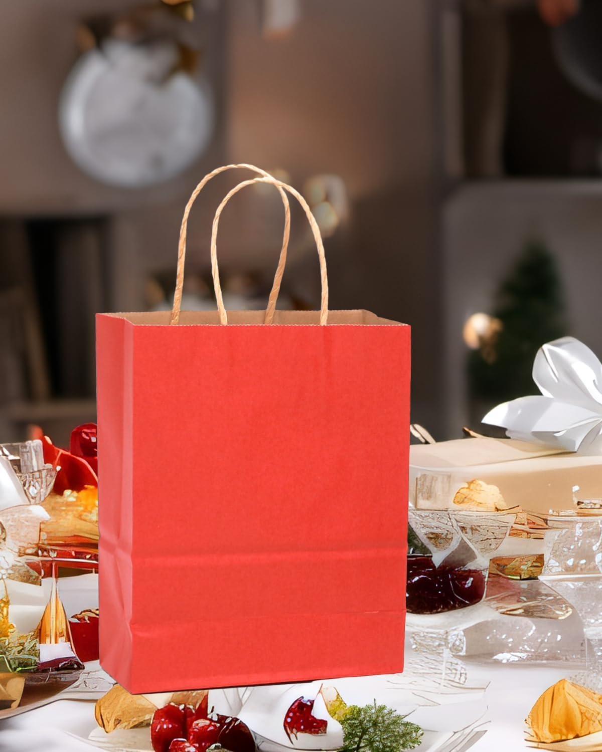 qiqee 100PCS Gift Bag with Handles Bulk Kraft Red Paper Bags Multiple Uses (11"x5"x8"inch Medium Size)
