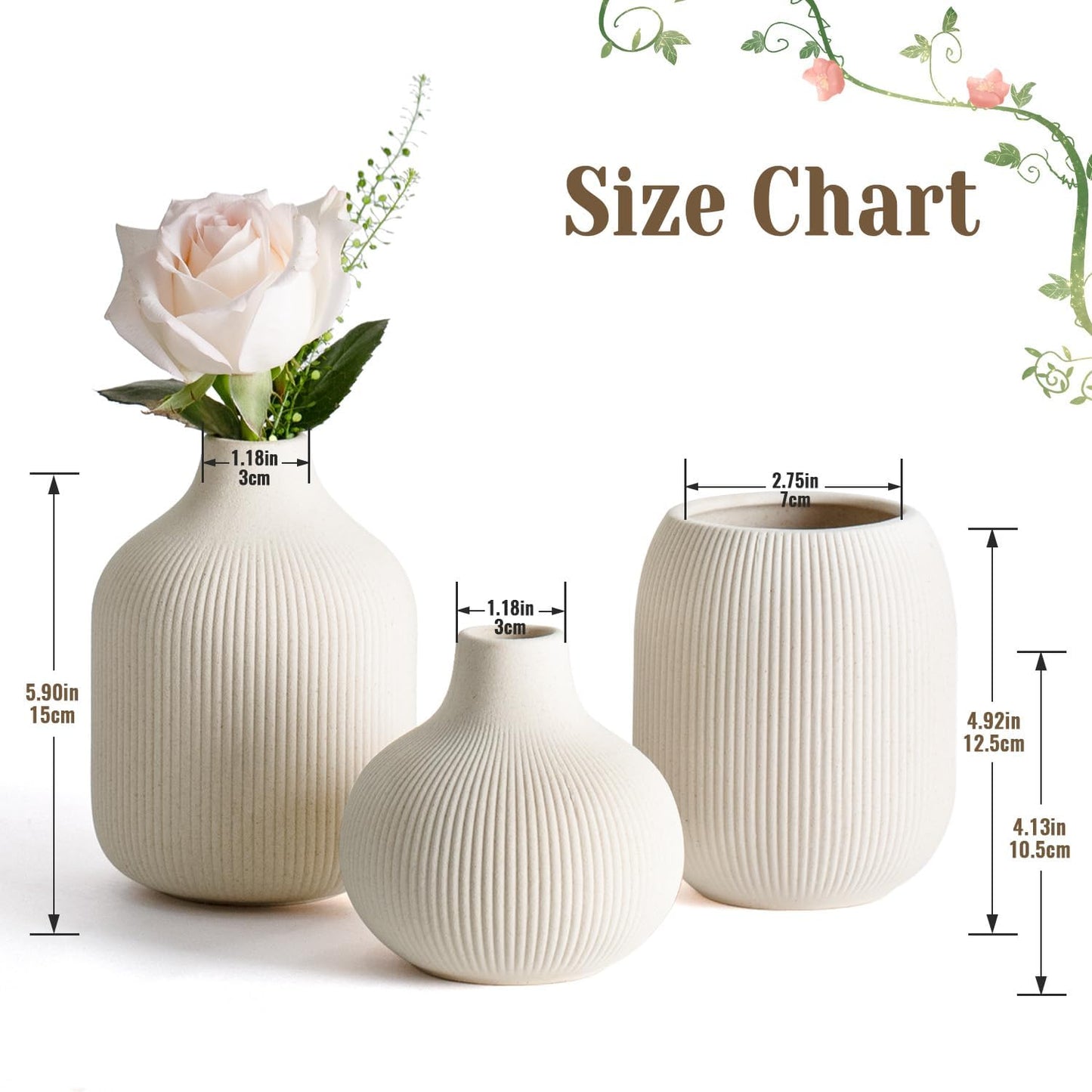 Modern Beige Ceramic Vase Set of 3, Ribbed Texture Boho Minimalist Home Decor, Small Decorative Vases for Centerpiece, Shelf, Tabletop - Aesthetic Touch for Neutral & Transitional Spaces