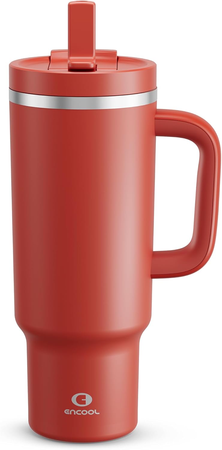 40 oz Tumbler with Handle and Straw: Stainless Steel Insulated Tumbler Keeps Cold for 24 Hours, Leakproof Travel Cup Fits in Cup Holder and BPA-Free,Medium Carmine