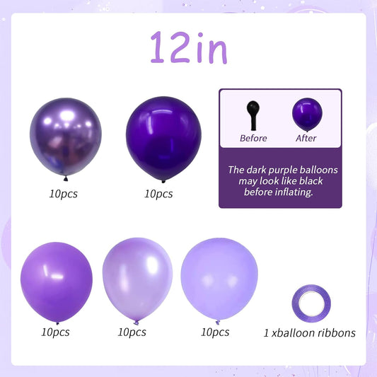 50pcs Purple Balloon Set | 12-Inch Metallic Chrome, Pearl, Lavender Lilac & Light Purple Balloons for Birthdays, Weddings, Baby Bridal Showers & Princess Parties