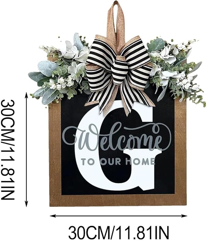 Last Name All Year Round Front Door Wreath with 26 Initial Letter Welcome Sign All Seasons Eucalyptus Garland and Bow ，Farmhouse, Porch, for Spring Summer Fall All Seasons Holiday Halloween Christmas.（G）