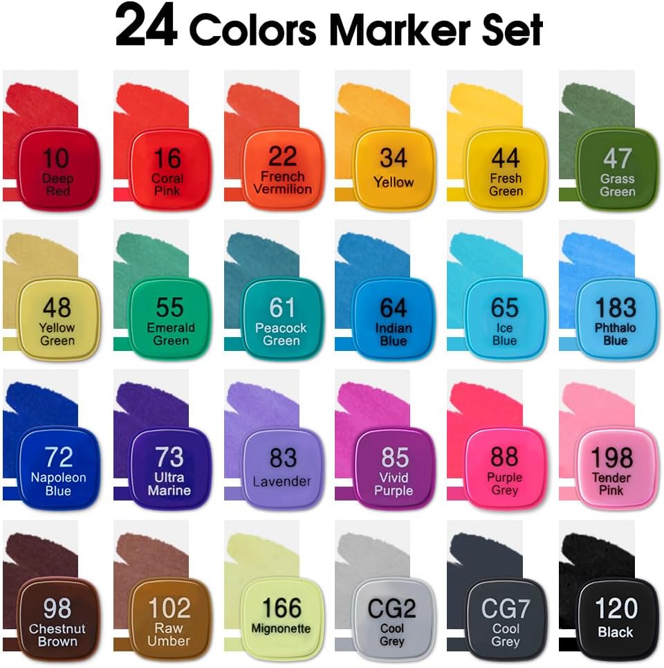 TRANSON Alcohol Markers for Drawing Coloring 24 Colors Dual-tip Fine and Brush Tips