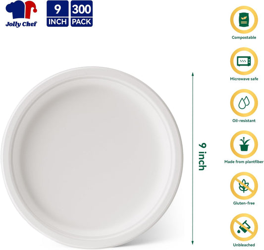 JOLLY CHEF Compostable Heavy Duty Plates 9 Inch [300 Pack] Eco-Friendly Disposable Natural Paper Plates Bagasse Biodegradable Bulk for Party Dinner Sugarcane Fibers Thanksgiving Day(White)