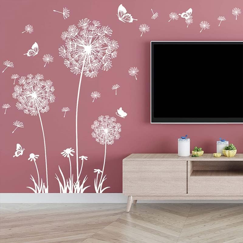 2 Set Dandelion Peel and Stick White Dandelion Stickers Large Floral Wall Stickers & Murals Vinyl Wall Art Flower Wall Decals for Bedroom, Bathroom, Living Room, Restroom