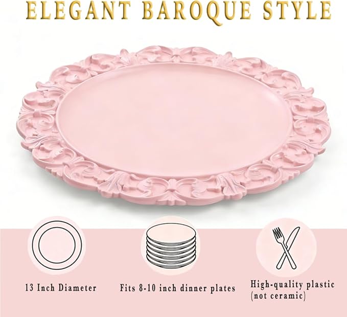 13" Pink Charger Plates, Set of 6 Plastic Textured Chargers for Dinner Plates with Embossed Rim, Table Décor, Party, Wedding, Holiday
