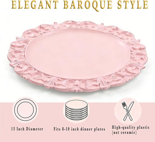 13" Pink Charger Plates, Set of 6 Plastic Textured Chargers for Dinner Plates with Embossed Rim, Table Décor, Party, Wedding, Holiday