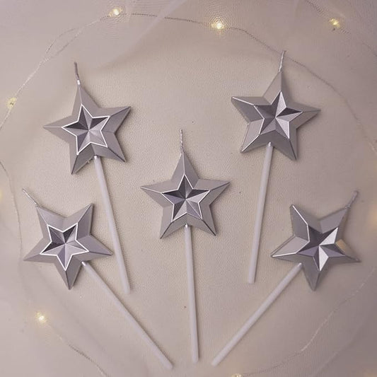 Saododku Birthday Candles, 5pcs Silver Birthday Candles for Cake, Star Shaped Sparkler Candles for Birthday Cake, Metallic Color Stereo Shaping Cake Candles Set