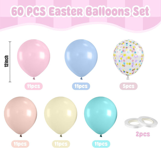 Paready Pastel Balloons Set, 60Pcs Easter Balloons, 12 Inch Macaron Pink Teal Blue Yellow Orange Confetti Balloon Helium for Rainbow Bridal Baby Shower Anniversary Easter Day Birthday Party decoration