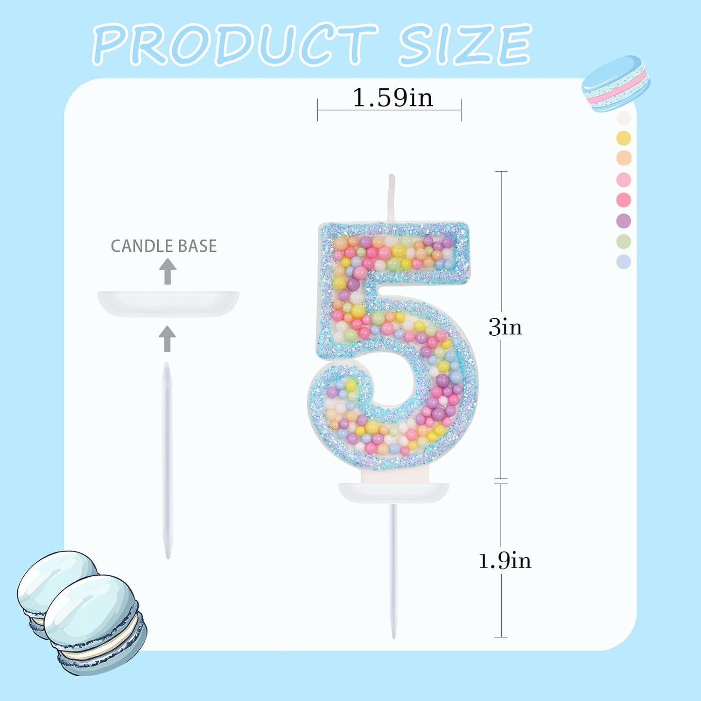 Birthday Candles - Number 5 Candle, Colorful Macaron Candles for Boys/Girls, Blue Cake Decorations, Blue Birthday Decorations