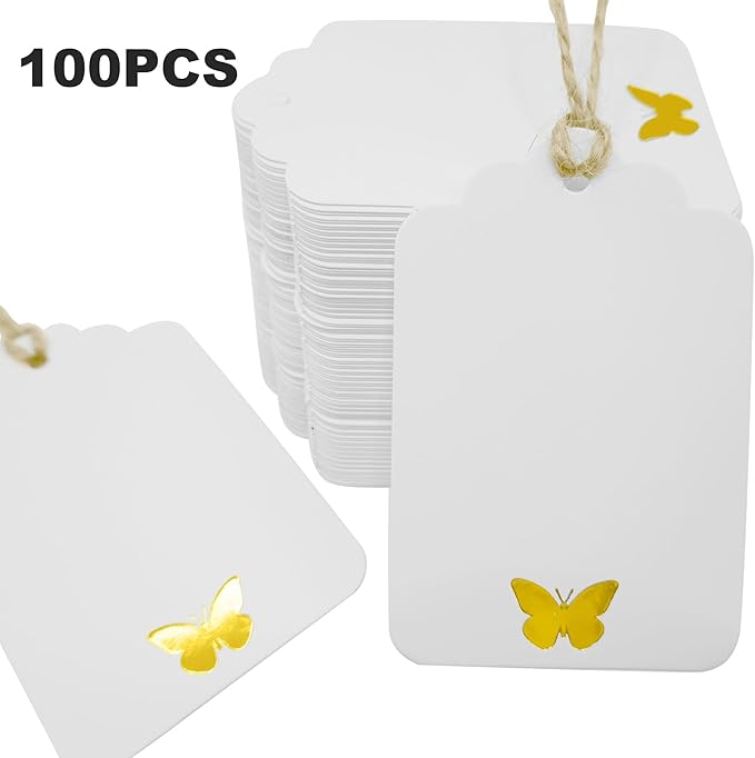ASYEHJNR 100Pcs Blank Gift Tags with String, Foil Gold Butterfly Large Gift Tags with 65 Ft Jute Twine White Paper Cute Tags for Birthday Baby Shower Wedding Party Gift Wrap Tags
