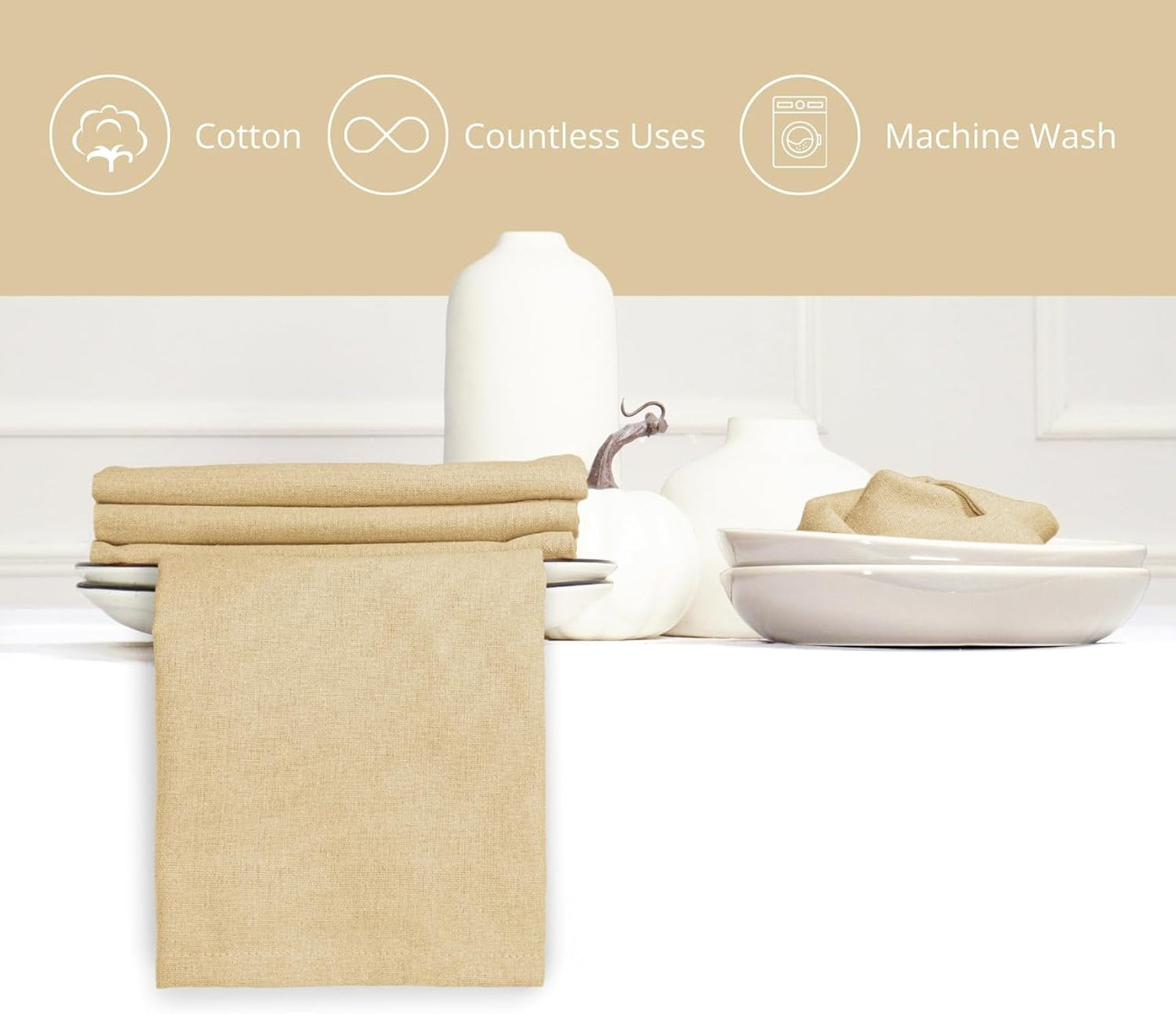 PurpleEssences Set of 6 Cloth Dinner Napkins 100% Cotton 18x18 Inch - Soft Durable Washable - Ideal for Farmhouse Party Fall Thanksgiving - Perfect Everyday Use Table Linen - Beige