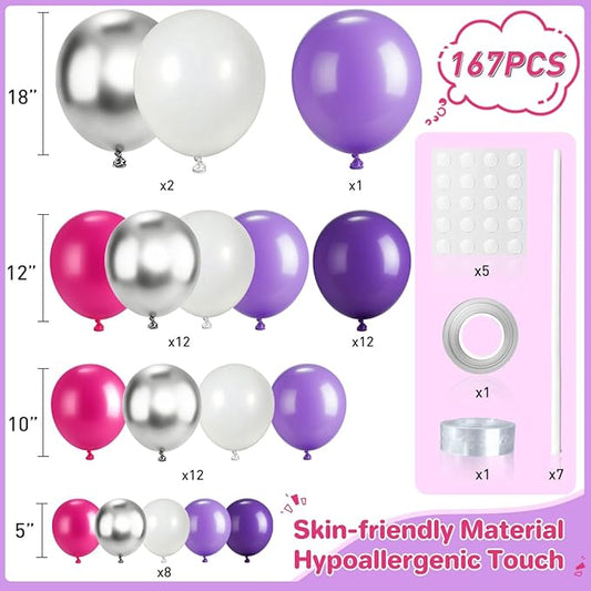 Hot Pink Purple White Silver Balloon Garland Arch Kit, 167Pcs Latex Balloons Different Sizes 18 12 10 5 inch for Women Princess Girl Birthday Bridal Baby Shower Party Decoration