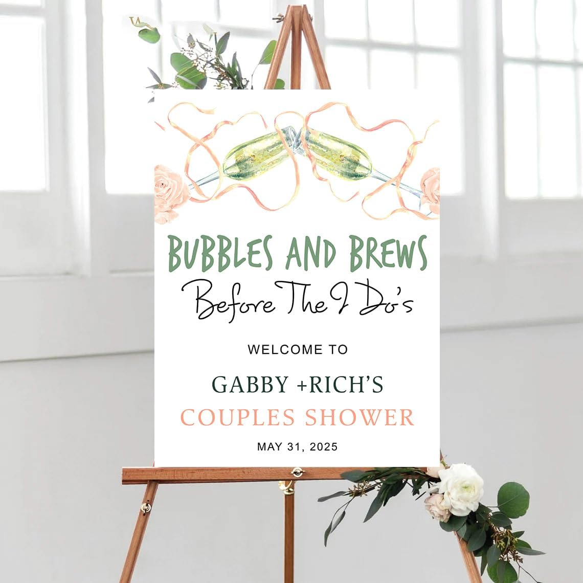 Personalized Greenery Eucalyptus Bubbles and Brews Couples Shower Welcome Sign, Gold Modern Minimalist Wedding Shower Bridal Party Decoration, Outdoor Plastic Sign Weatherproof #20
