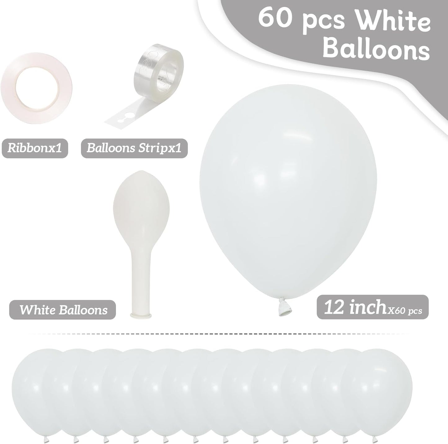 White Balloons, 60 PCS White Balloons 12 inch Latex Balloon for Birthday Party Decoration, Wedding, Baby Shower, Anniversary, Bridal Shower, Holiday Decoration and Balloon Garland
