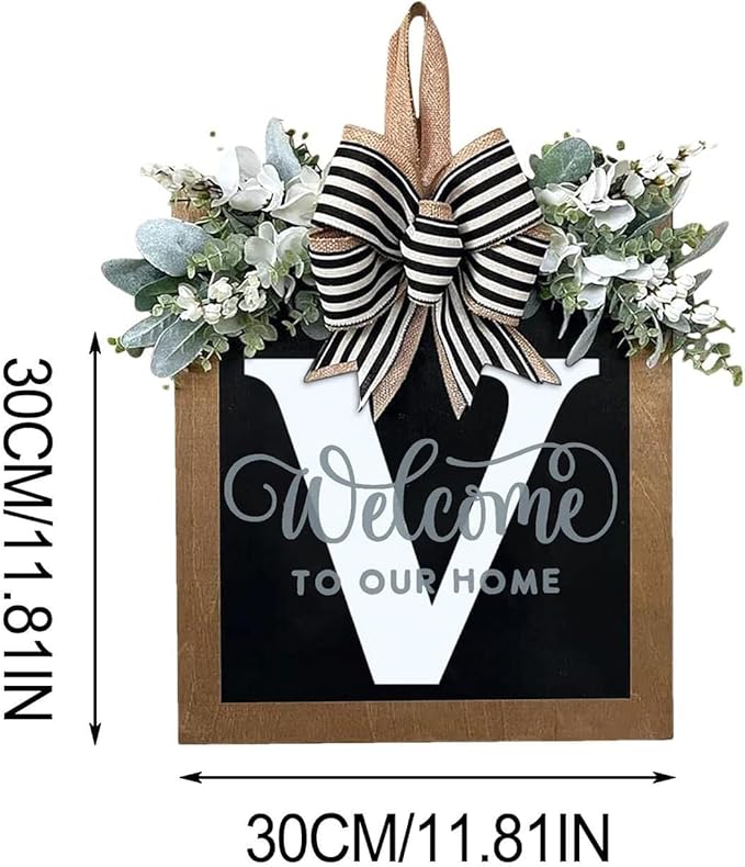 Last Name All Year Round Front Door Wreath with 26 Initial Letter Welcome Sign All Seasons Eucalyptus Garland and Bow ，Farmhouse, Porch, for Spring Summer Fall All Seasons Holiday Halloween Christmas. (V)