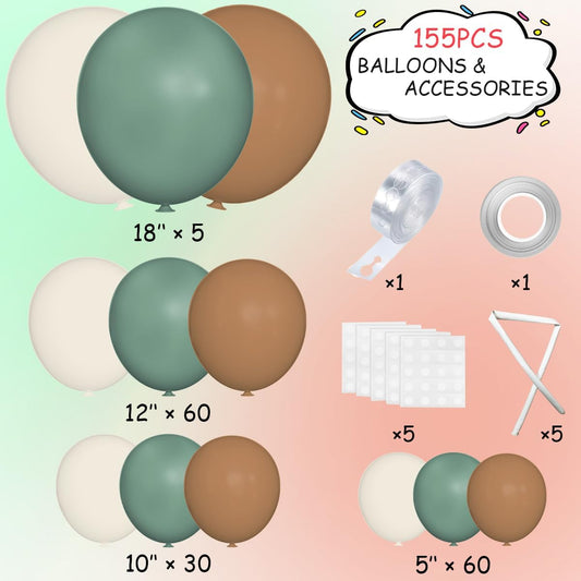 Sage Green Brown White Garland Arch Kit, 155Pcs Latex Balloons Different Sizes 18 12 10 5 inch for Safari Jungle Woodland Birthday Baby Shower Decorations