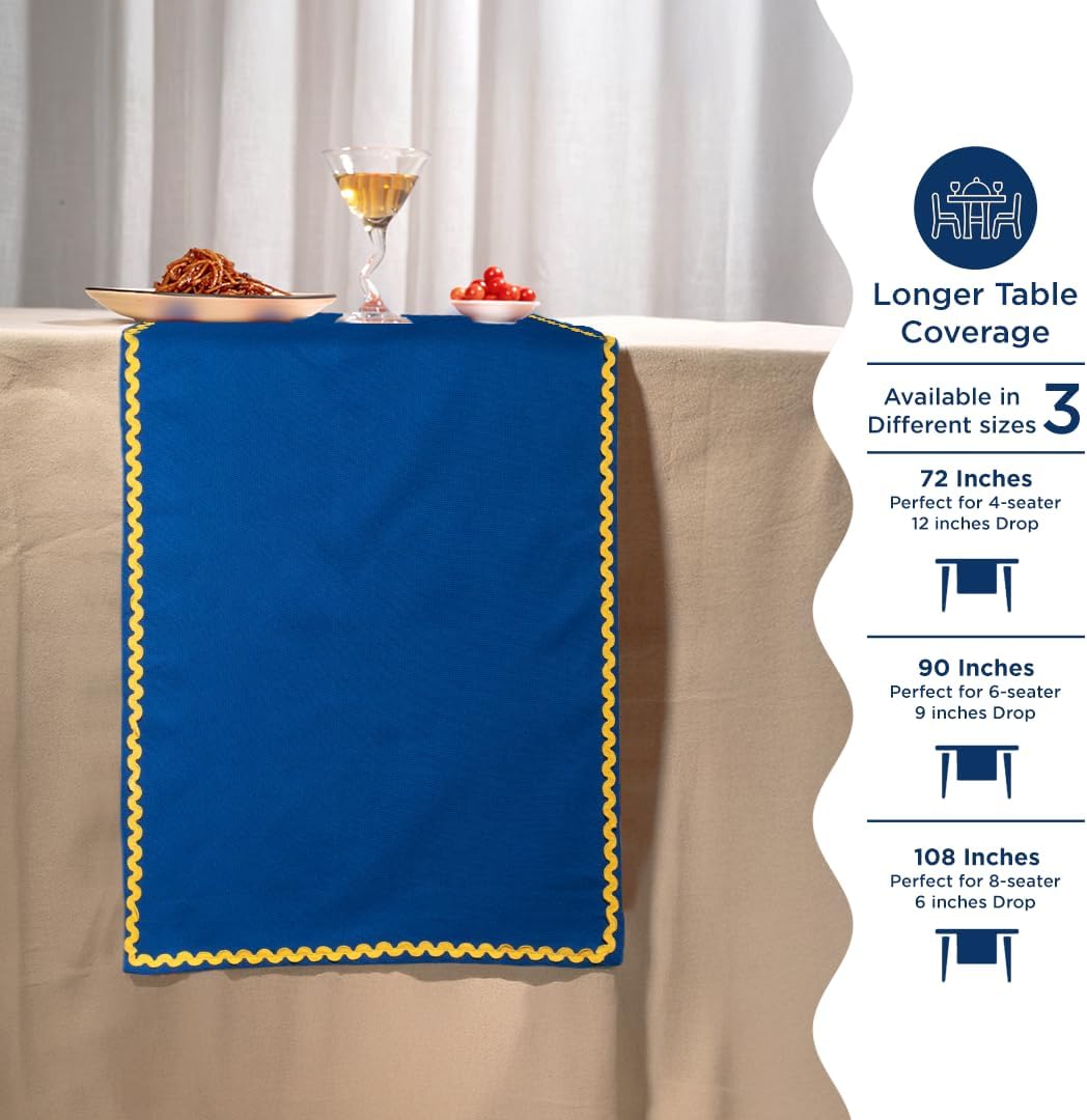 Folkulture Table Runner 90 Inches Long | Rick Rack Embroidered Table Runner | Home Decor | 100% Cotton Long for Christmas Decor | Blue & Yellow | Wash Friendly