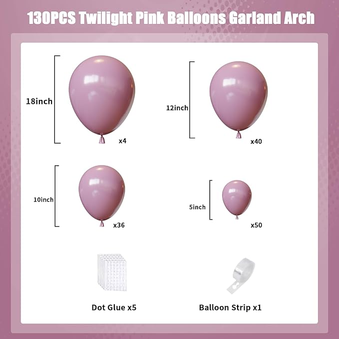Dusty Purple Balloons Arch Kit,130pcs Lavender Latex Balloon Garland,Different Size Light Purple Balloons for Baby Shower,Graduation,Birthday Party Decorations