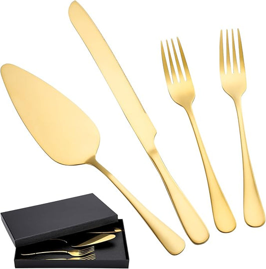 SUREAM Gold Cake Cutter 11 Inch, 4 Pieces Wedding Cake Cutting Set, Pie Server Utensil for Wedding, Birthday, Parties, Anniversary, Engagements