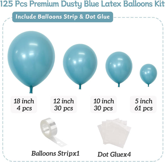 Dusty Blue Balloons, 125 PCS Assorted Sizes 18 inch, 12 inch, 10 inch, 5 inch - Great for Birthday Party, Wedding, Bridal Shower, Holiday Decorations and Balloon Garland Arches