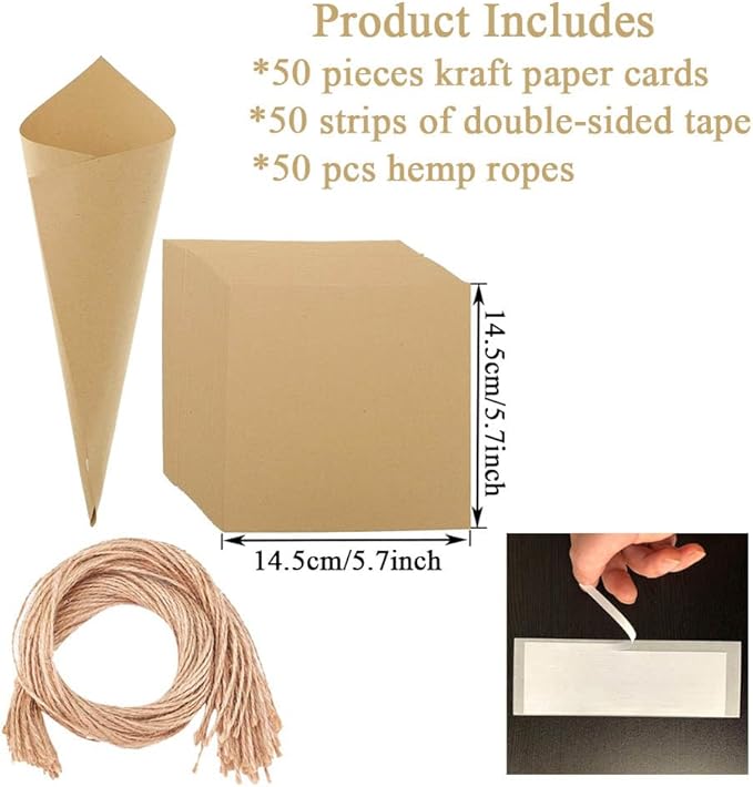50pcs Wedding Confetti petals Cones, Kraft Cone Party Table Decor Candy Cones Charcuterie Cones Flowers Packing Bag