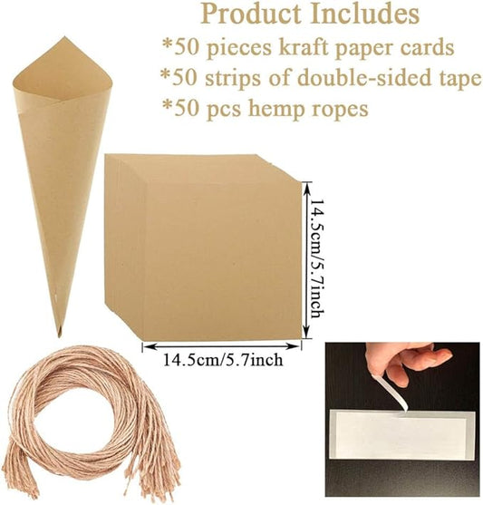 50pcs Wedding Confetti petals Cones, Kraft Cone Party Table Decor Candy Cones Charcuterie Cones Flowers Packing Bag