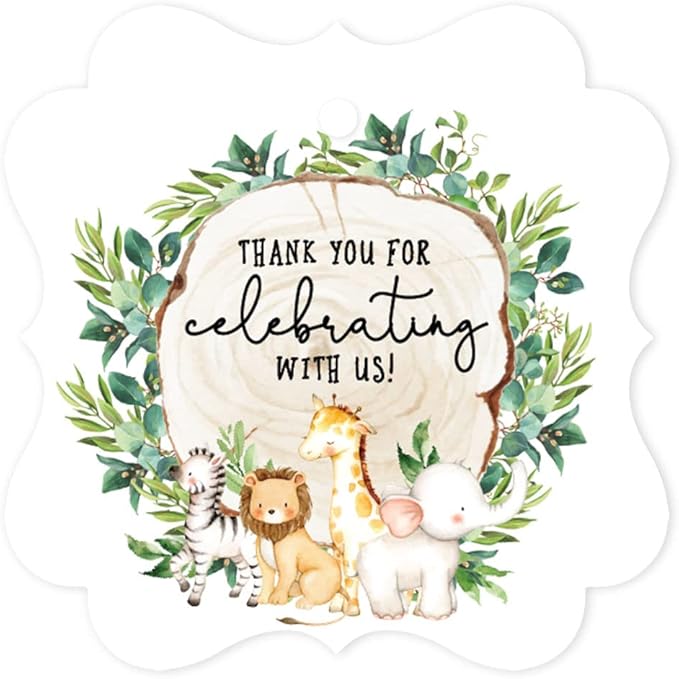 Andaz Press Fancy Frame Kids Party Favor Thank You Tags with String, 48-Pack Safari Animals Birthday Gift Tags For Gift Bags, Favor Bags, Goody Bags, Boys, Girls, Baby Shower 1st Birthday Party Favors