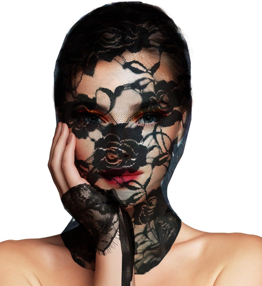 Floral Lace Full Face Mask, Wrist Cuff, Hair Bibbon for Photography Halloween Cosplay DIY Enthusiasts