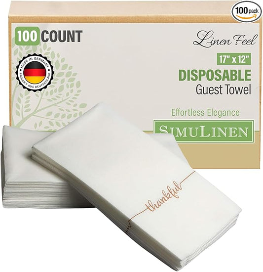 SimuLinen Disposable Hand Towels for Bathroom, Single-Use Linen-Feel Guest Towels, Hand Tissue Paper with ''Thankful'' Writing, Cloth-Like Paper Napkins, Pack of 100
