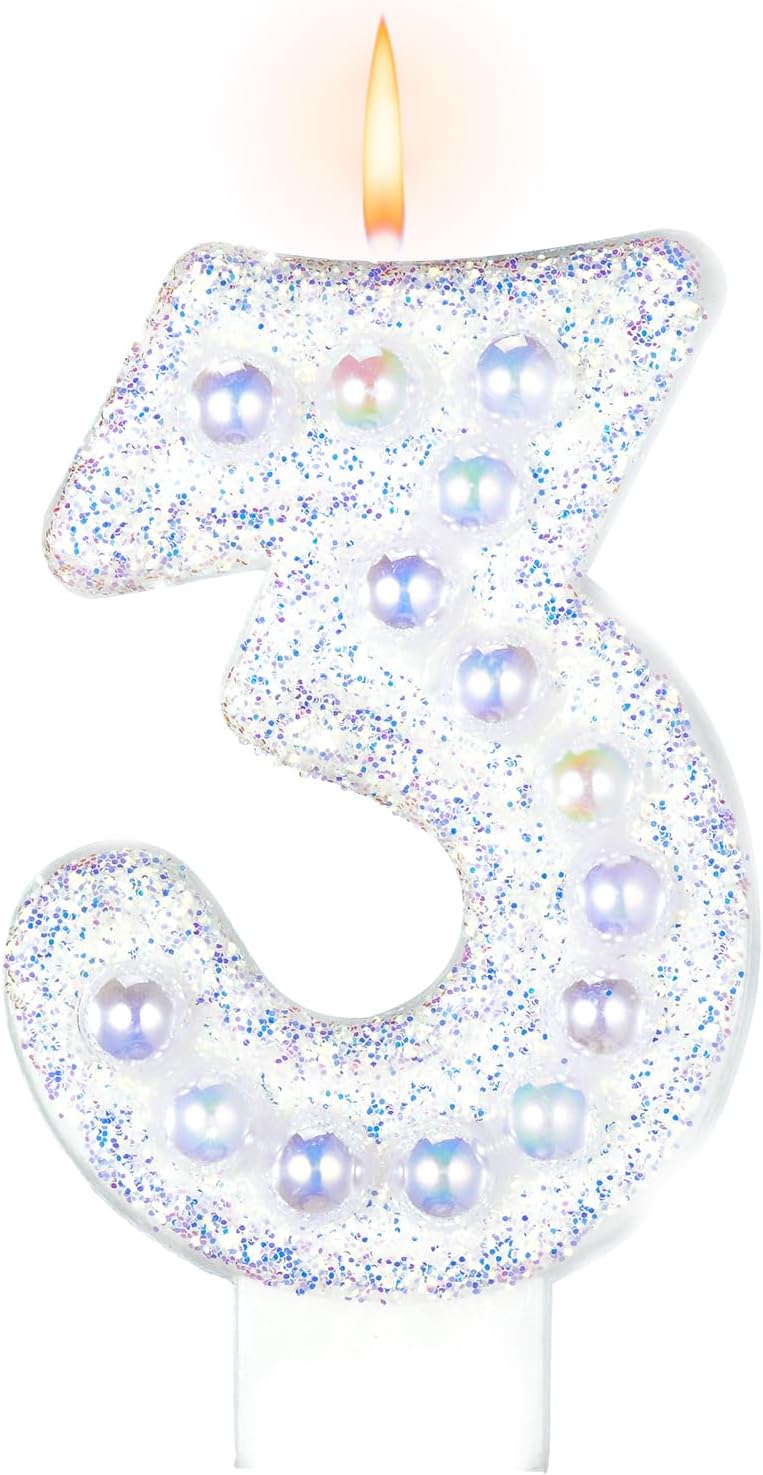 Birthday Candles, Number 3 Birthday Candle for Cake, Birthday Candles Sparklers with Holographic Colored Pearls, 3.35" Large Pearl Candles for Three Sweet Birthday Party Decoration Supplies