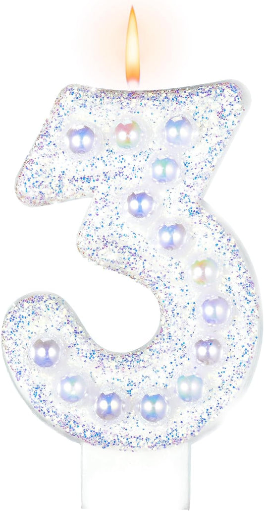Birthday Candles, Number 3 Birthday Candle for Cake, Birthday Candles Sparklers with Holographic Colored Pearls, 3.35" Large Pearl Candles for Three Sweet Birthday Party Decoration Supplies