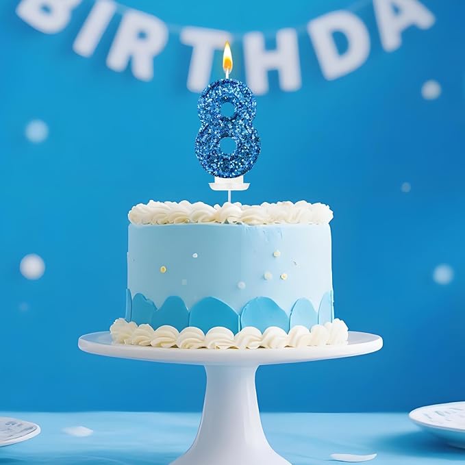 Zailo Birthday Number Candles, Glitter Number Candle Cake Decorations with Sequins, Cupcake Decorations for Girls, Women, Party Anniversary Celebrations (Number 8, Blue)