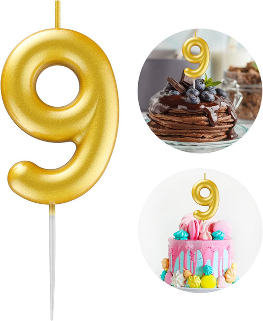 Gold Number 9 Candle Happy Birthday 3D Number Candles for Birthday Cake Party Decoration Wedding Anniversary Celebration Supplies