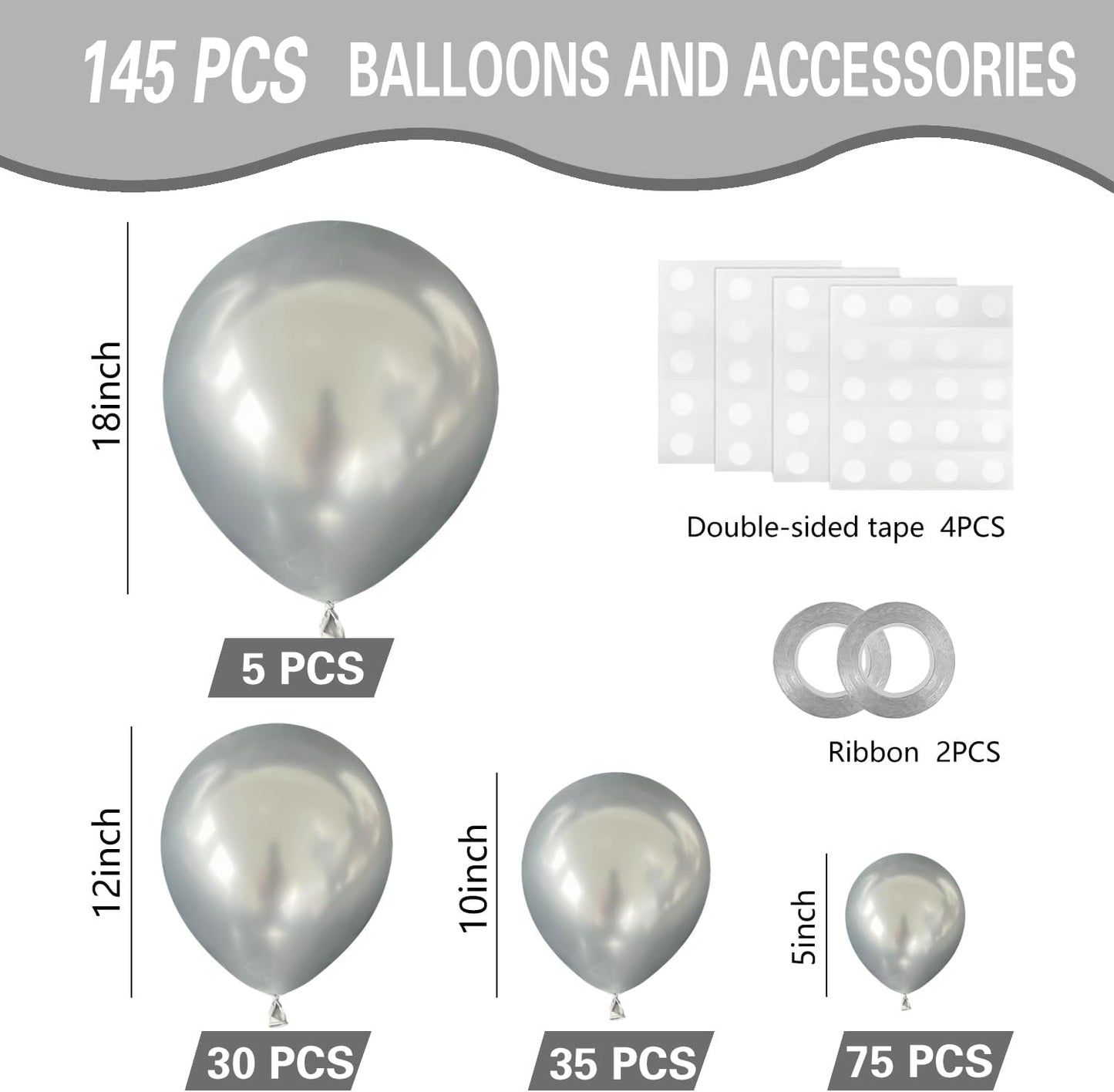 Metallic Silver Balloons 145pcs Different Sizes 5in 10in 12in 18in Chrome Silver Shiny Round Latex Balloon Arch Kit Garland for Wedding Baby Shower Birthday Party Decor