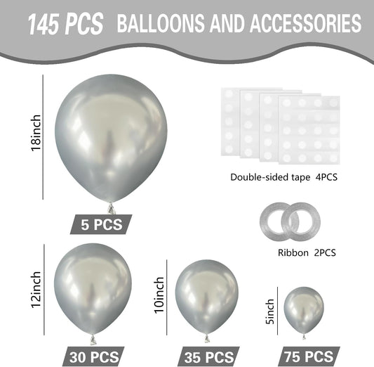 Metallic Silver Balloons 145pcs Different Sizes 5in 10in 12in 18in Chrome Silver Shiny Round Latex Balloon Arch Kit Garland for Wedding Baby Shower Birthday Party Decor