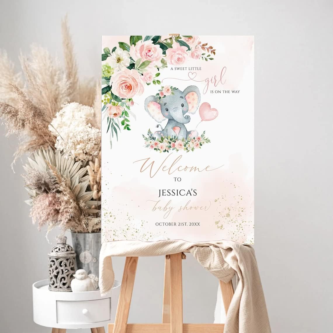 Generic Personalized Elephant Baby Shower Welcome Sign, Pink Floral, 12x18, 24x18, 36x24, Polypropylene, Feminine, Baby Shower Decorations