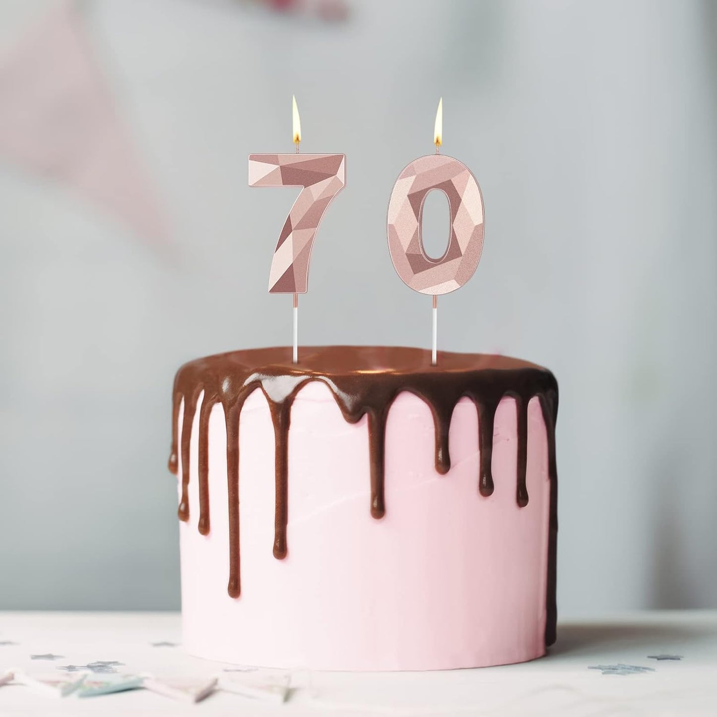 Nuanchu 70th Birthday Candles, Happy Birthday Cake Topper 3D Diamond Shape Numeral Sparkler Number Candles for Men Women Party Wedding Decoration Theme Party (Rose Gold)