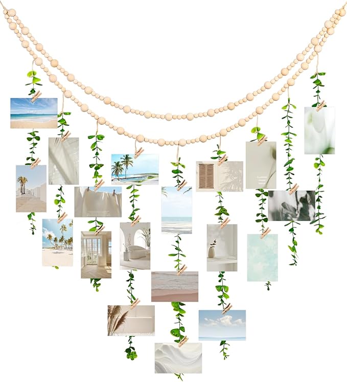 Boho Wall Decor with Photo Hanging Clips, Wooden Beads Garland with Greenery Eucalyptus Decor, Aesthetic Room Essentials for Bedroom, Office Cubicle, Home Wall Decoration