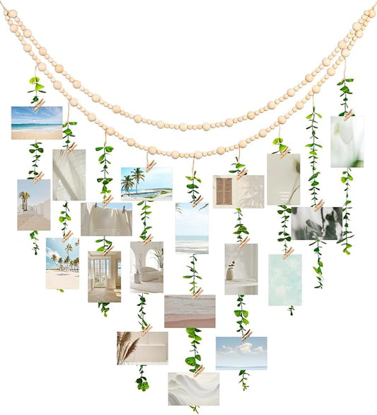 Boho Wall Decor with Photo Hanging Clips, Wooden Beads Garland with Greenery Eucalyptus Decor, Aesthetic Room Essentials for Bedroom, Office Cubicle, Home Wall Decoration