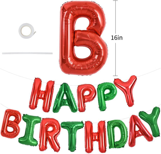TONIFUL Red Green Happy Birthday Balloons Banner,16 Inch Mylar Foil Birthday Sign Banner for Girls Boys Kids & Adults Birthday Decorations Christmas Party New Year's Eve Supplies