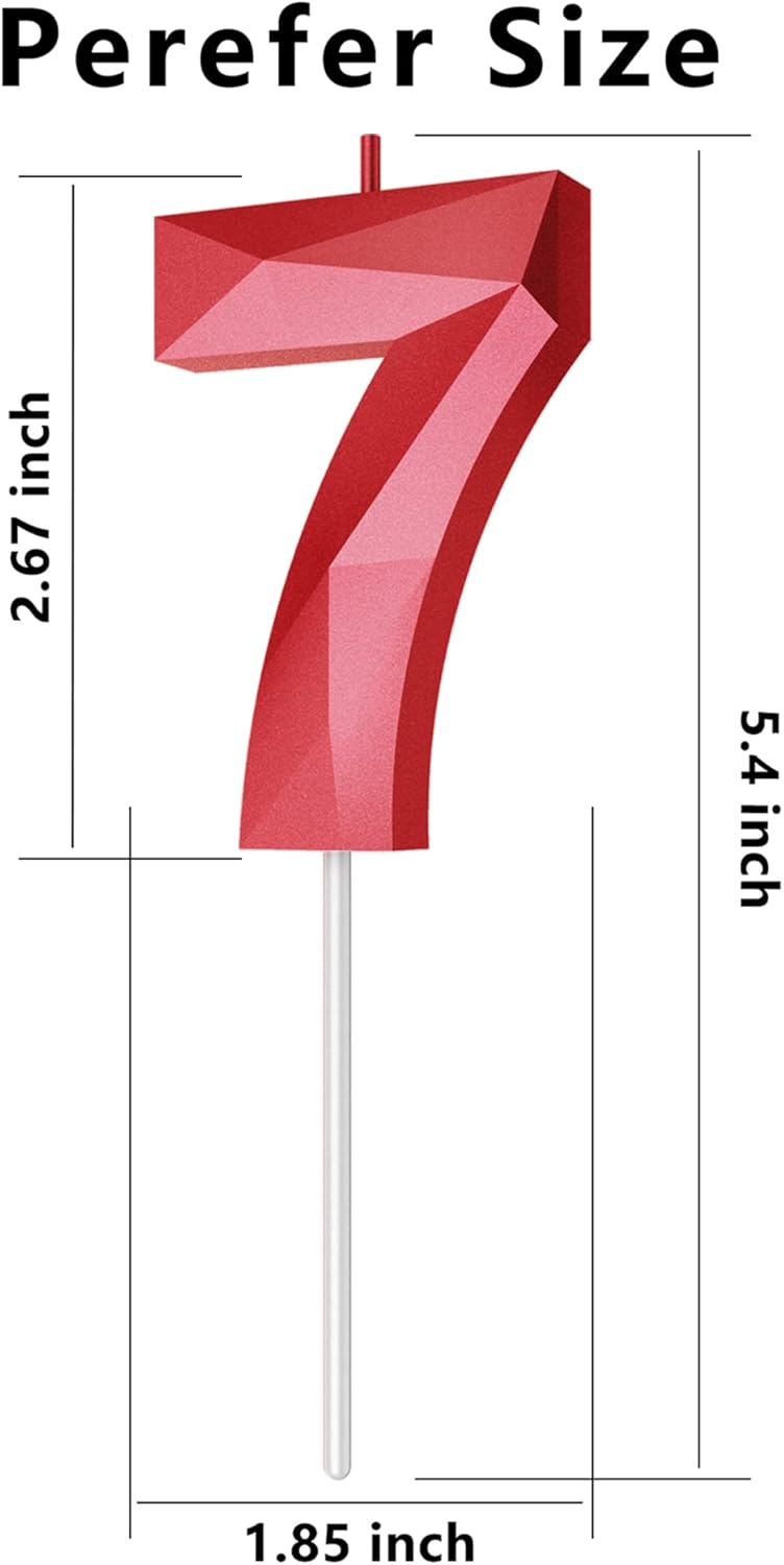 Number Birthday Candles(7 Candle Red) 3D Diamond Shape Number Happy Birthday Cake Candles for Birthday Party Wedding Decoration Reunions Theme Party