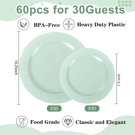 FLOWERCAT 60PCS Sage Green Plates - Heavy Duty Plastic Plates Disposable for Party/Easter - Include 30PCS 10.25inch Sage Green Dinner Plates and 30PCS 7.5inch Dessert Plates