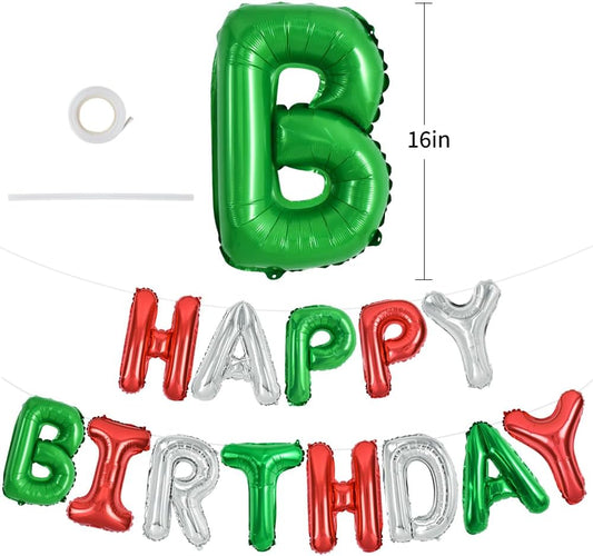 TONIFUL Red Green Silver Happy Birthday Balloons Banner,16 Inch Mylar Foil Birthday Sign Banner for Girls Boys Kids & Adults Birthday Decorations Christmas Party New Year's Eve Supplies