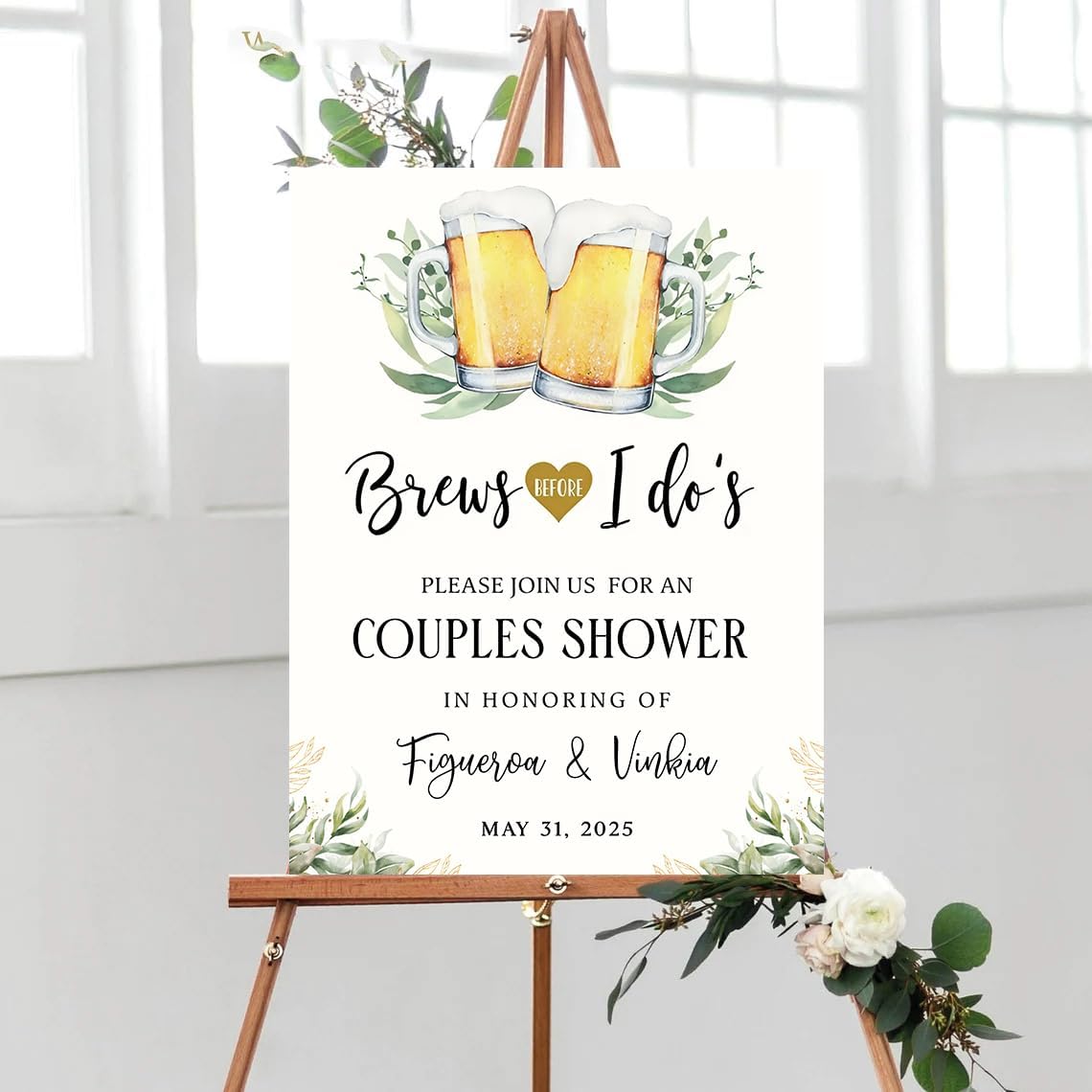 Personalized Greenery Eucalyptus Bubbles and Brews Couples Shower Welcome Sign, Gold Modern Minimalist Wedding Shower Bridal Party Decoration, Outdoor Plastic Sign Weatherproof #18