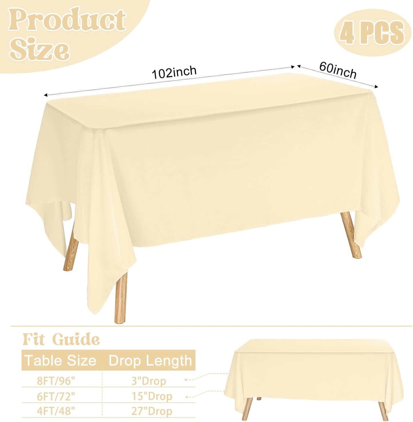 4 Pack Rectangle Tablecloth for 6 Foot Tables Washable Polyester Table Cover for Wedding Dining Table Parties Banquet（60x102 Champagne）