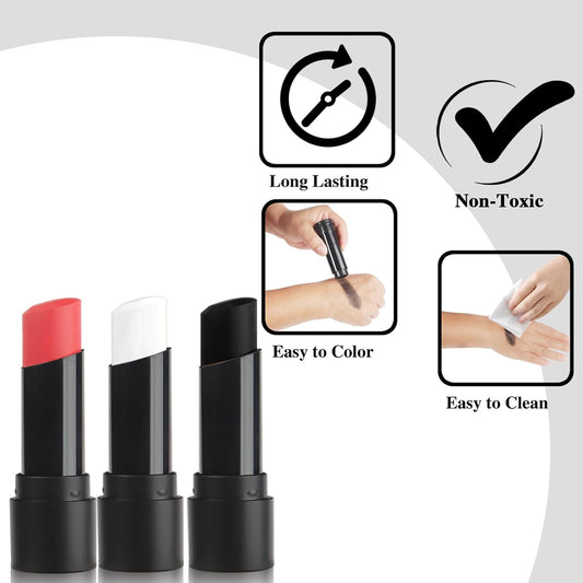MEICOLY 3PCS Black White and Red Face Body Paint Stick,Joker Face Paint Stick for Halloween SFX Cosplay,Scary Creepy Clown Skeleton Zombie Makeup,Waterproof Eye Black for Baseball Softball Football
