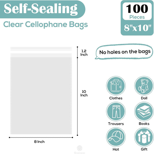 Grainear 8x10 Clear Self-Sealing Cellophane Bags – Resealable Bags for Clothes, Books, Documents, Plush Toys & Party Favors (Pack of 100)