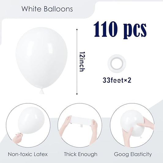110pcs White Balloons 12inch Matte White Latex Party Balloons for Wedding, Birthday, Graduation, Bridal Shower, Baby Shower, Bachelorette and Engagement Decorations