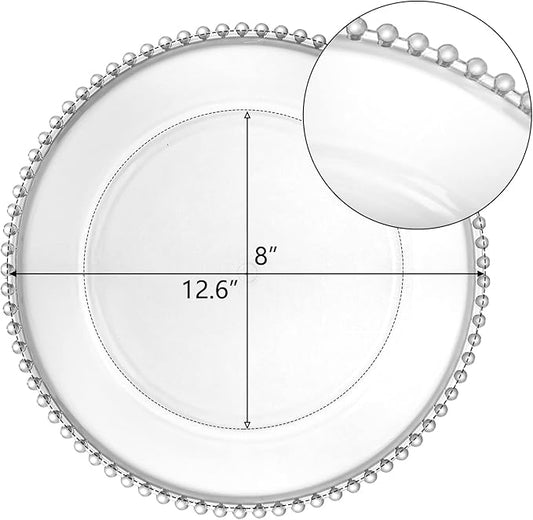 Lawei 12 Pack Clear Plastic Charger Plates with Bead Rim, 13 Inch Plastic Round Serving Plates Decor Dinner Plates for Party Wedding Events Dinner Decoration